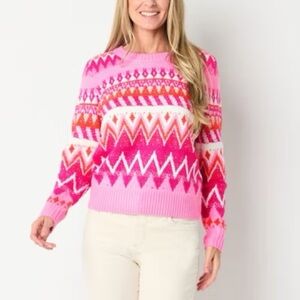 Medium St. John's Bay Pink and Orange Patterned Women's Sweater